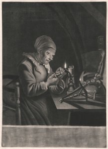 An Old Woman Repairs Her Spinning Wheel