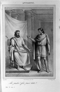 Antigone Act II, scene 1. Italian tragedy by Vittorio Alfieri written in 1783 after Greek mythology. Engraving of the 18th century