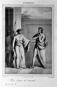 Antigone Act I, scene 3. Italian tragedy by Vittorio Alfieri written in 1783 after Greek mythology. Engraving of the 18th century