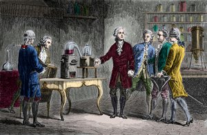 Antoine Laurent Lavoisier showing fellow scientists his experiment which revealed the composition of air in 1776 - Engraving from Louis Figuier
