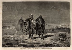 Arab bedouins, panther skins and sheep wool merchants, en route to the market of Baghdad (Iraq). Engraving to illustrate the voyage in Babylon, in 1866, by Guillaume Lejean, in 