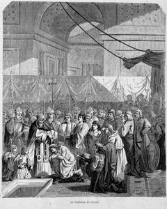Baptism of Clovis by Anastase II in the Cathedral of Reims on December 25, 498 - in Histoire des Papes, vol. 1, Maurice Lachatre by Unknown artist