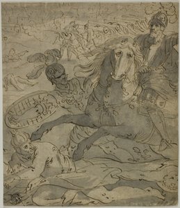 Battle Scene with Charging General on Horseback in Foreground, Artillery and Cannons in Background by Unknown artist