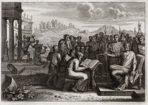 Bible of Royaumont, Old Testament: Piety of Josiah. Josiah, king of Judah, restores the worship of God in his kingdom, and surpasses all the kings his predecessors in virtue. Illustration from 1811. by Unknown artist