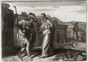 Bible of Royaumont, Old Testament: Rite of Saul. Samuel, by order of God, sacred Saul to be King of the Jews. Illustration from 1811