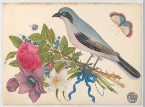 Blue Bird on Bouquet of Roses and Tulips, with Butterflies