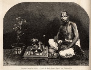 Brahmin Kneels Before the Altar of Offerings, Praying. Engraving to Illustrate the Voyage in the Meridional Provinces of India, by Alfred Grandidier, 1862-1864, Published in 