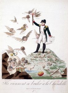 Cartoon about Napoleon I depicted on a hill covered with skeletons and holding a candle that burns the wings of characters represented as bats by Unknown artist