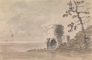 Castle Ruin in Landscape Scene with a Lake by Unknown artist