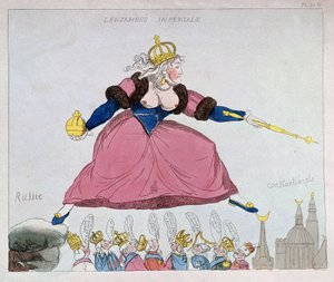 Catherine-II jumping from Russia to Constantinople over European sovereigns, caricature, late 18th century