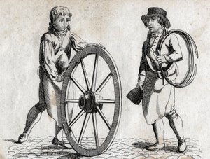Charron with cart wheel and apprentice. Engraving late 18th century. by Unknown artist