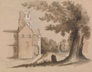Church with Tree and Tombstone in the Foreground by Unknown artist