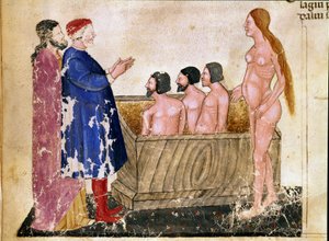 Circle of Adulators: Dante and Virgil meet Alessio Interminelli, Lord of Lucca, and Thais the prostitute. Illuminated page illustrating the 18th song of Hell from the 