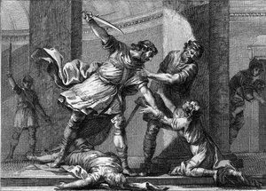 Clotaire I (c.497-561) and Childebert I, the Frankish kings, murdered two sons of their brother Clodomir (495-524). Engraving of the 18th century