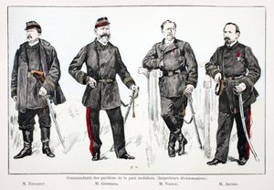 Commanders of the mobilized peacekeepers (divisional inspectors), from left to right: Mr.Foucault, Mr.Giobergia, Mr.Vassal, Mr.Archer. Eau forte en couleurs, for illustration 