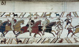Conquest of England by William the Conqueror in 1066: the beginning of the Battle of Hastings (Detail of Bayeux Tapestry)