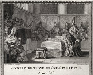 Council of Troyes on 7 September 878. In May 878, Pope John VIII threatened by Saracens and Italian nobles, came to take refuge in Arles under Duke Boson and his wife Ermengarde. He accompanies him in Troyes where a grand council is organized. by Unknown artist