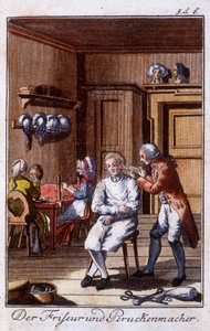 Crafts: hairdresser and wig in their workshop. In “Comprehensive description of arts and crafts and workshops for young people” by Johan Peter Vue. Ed. Nuremberg, Weigel and Schneider by Unknown artist