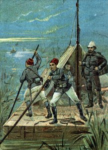 Crossing the marshes of Bahr el Ghazal in Africa by the Marchand mission in 1899. Liebig chromolithography of the 19th century
