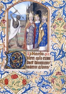 Death with his Spear Pointing at Three Figures, a Pope, a King, and a Queen, Standing in Front of a Gothic Church, c.1470 by Unknown artist