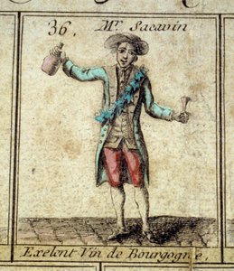 Detail of the game of the Goose of the Cree of Paris: Mr Sacavin, wine drinker from Bourgogne. Engraving of the 18th century