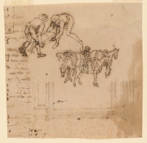 Drawing: Two men carrying a trunk; four mules with a driver. Project for a frame