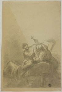 Dying Man Attended By Two Figures Holding Candle, Book and Cross by Unknown artist