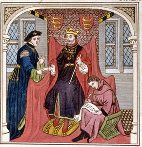 Edward III (1312 - 1377) received Count Guy of Flanders. Engraving from the end of the 18th century.