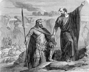 Elijah warned Ahab that the rain is imminent. In the background we see the worship of Baal. by Unknown artist