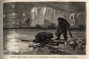 Eskimo Hunters Spying on a Seal Through a Hollow Hole in the Ice Pack. Engraving to Illustrate the Voyage to the Free Sea of the Arctic Pole, by Doctor Hayes, Surgeon of the United States Navy, in 1860-1862