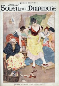 Fashion late 19th century: new shoes from Venice. Women trying shoes from the Italian city. Engraving in Le sun-du-dimanche, October 8