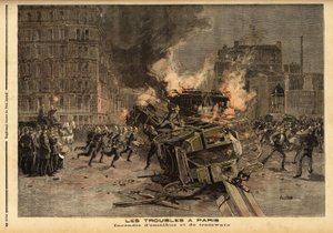 Fire of omnibuses and trams in Paris: a brutally repressed student demonstration turns into a general riot. Engraving in 