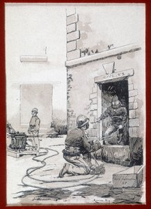 Firefighters: fire apparatus from cellars (engraving) by Unknown artist