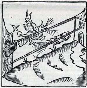 Fireworks and fireworks: Fusees sliding on strings. Reproduction of the engravings of the work of the French Jesuit Jean Leurechon 