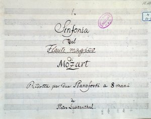 First page of the symphony score reduced to two pianos and eight hands of Die Zauberflote, opera by Mozart, Lichtenthal version