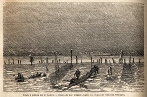 Fish traps, placed on the banks of the Yukon River (extreme northern Canada). Engraving to illustrate the voyage and adventures in English Colombia, Vancouver Island and Alaska, by Frederick Whymper