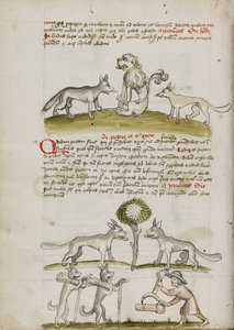 Fox and Wolf before a Lion; Two Wolves under a Tree Dragging Bales of Wheat; A Farmer Bundling Sheaves of Wheat by Unknown artist