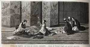 Funeral ceremonies: the monk of the last sacraments. Engraving to illustrate the voyage to Japan in 1863-1864, by Aime Humbert, minister of the Swiss Confederation, in Le tour du monde, nouveau journal des voyages, published under the direction of Edouard
