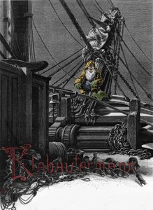 Germanic mythology: representation of a Klabautermann on the deck of a boat, an elf protector of ships at sea. Engraving of the 19th century by Unknown artist