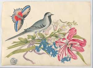 Gray Bird on Branch with Tulip, Snapdragons, and Forget-Me-Nots with Butterfly