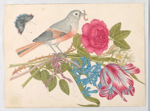 Grey and Coral Bird on Bouquet with Rose, Tulip, Daisies, and Forget-Me-Nots, with Butterfly