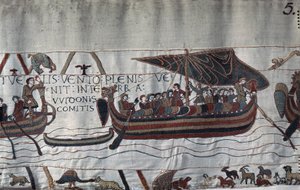 Hijacked by the storm, the ship of Harold II (1022-1066) stranded on the coast of Ponthieu - Bayeux Tapestry, known as Embroidery of Queen Mathilde