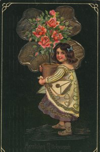 Historic Greeting Card with a Child and a Large Potted Plant, Rose by Unknown artist