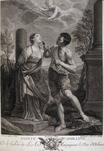 Holy Appoline during the persecutions gets her teeth broken because she refused to pay tribute to the Roman gods. Engraving of the 17th century by Unknown artist