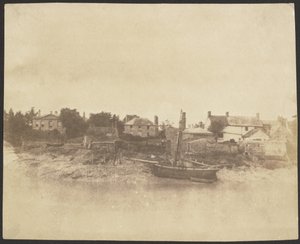 Houses and Boat on the Bank of a Stream