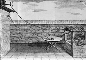 Illustration of experiments by Luigi Galvani, Italian physicist and physician (1737 - 1798) explaining the passage of electric current moving the legs of a frog. by Unknown artist