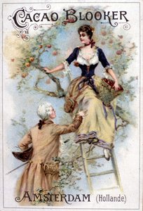 Advertisement for Blooker cocoa representing a young man in 18th century fashion helping a young woman down a ladder.