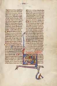 Initial E: A Man with Children before a Judge and An Old Man in his Sickbed Dictating to Another Man by Unknown artist