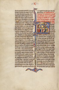 Initial R: Two Men Transacting the Sale of a Horse and Four Men before a Judge by Unknown artist
