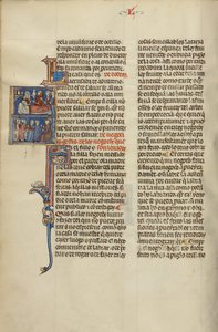 Initial S: Children and an Alchemist at a Bedside and Children and Elders before a Judge by Unknown artist